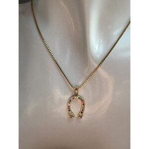18K Gold Multicolored Cubic Zirconia Horseshoe Pendant Necklace NWT